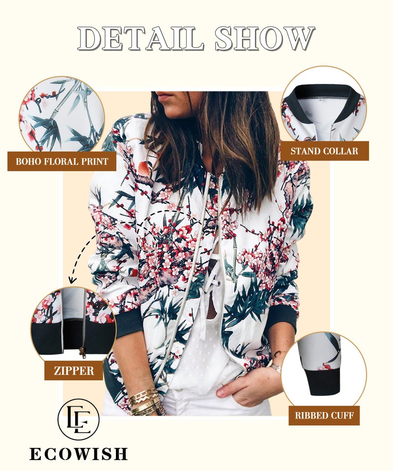 ECOWISH Women's Casual Floral Zip Up Bomber Jacket Coat Stand Collar Lightweight Short Outwear Tops Blue S 832 Blue Small - Image 4